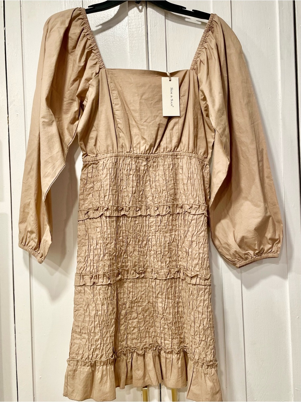 Sim & Sam 100% Cotton Smocked Mini Dress Tan Puff Sleeve Cottagecore Boho Sz M